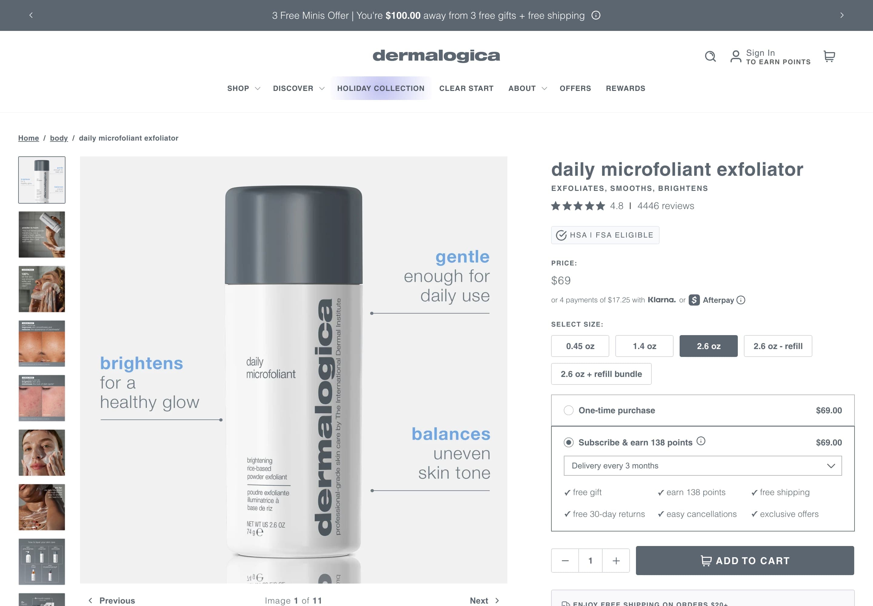 The Daily Microfoliant product page: a gallery of eleven images, then the price, sizes including refills, and a choice between a one-time purchase and a subscription