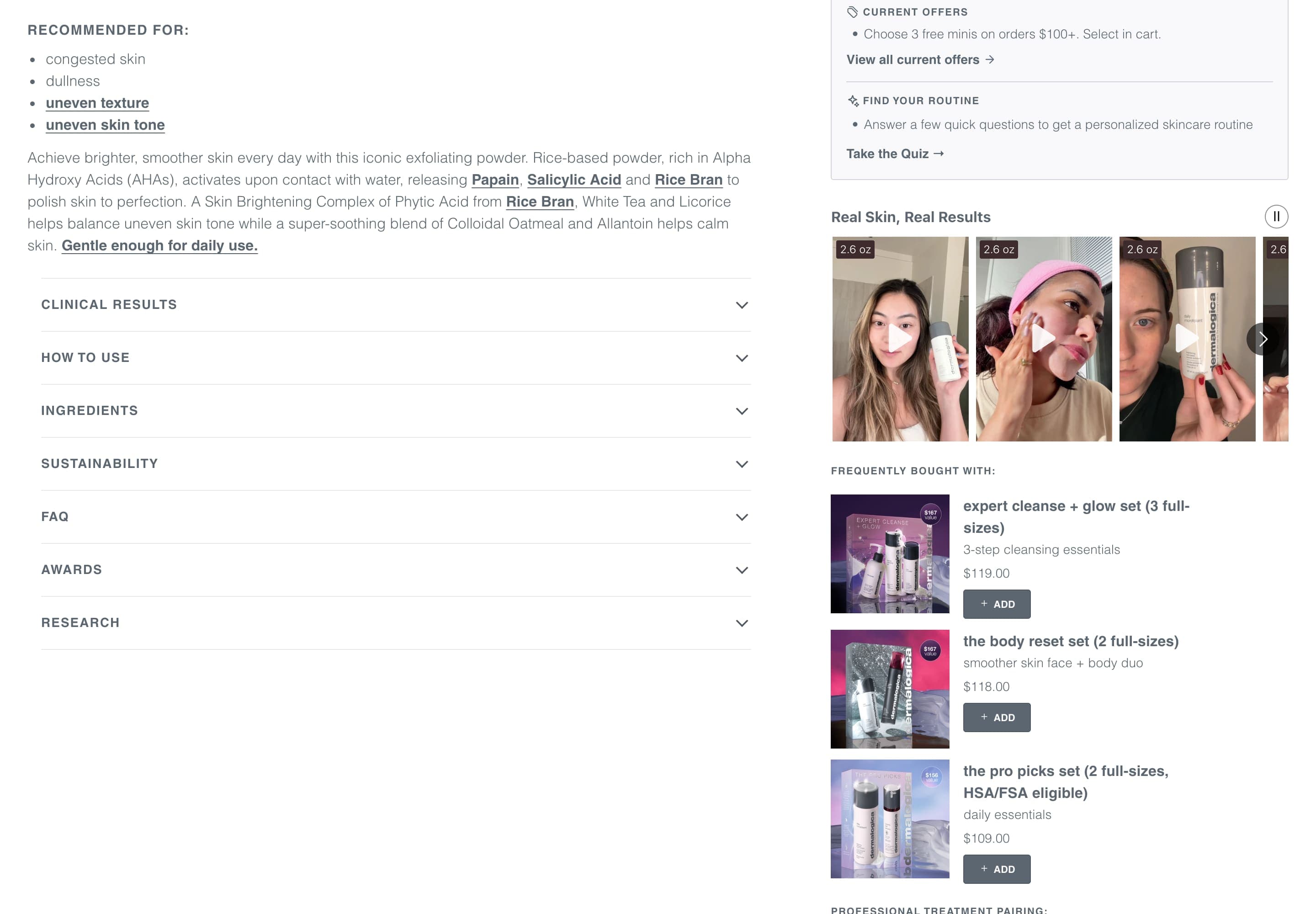 Further down the product page: the skin concerns it suits and expandable details on the left; on the right, a link to the Routine Finder, customer videos and sets it’s often bought with