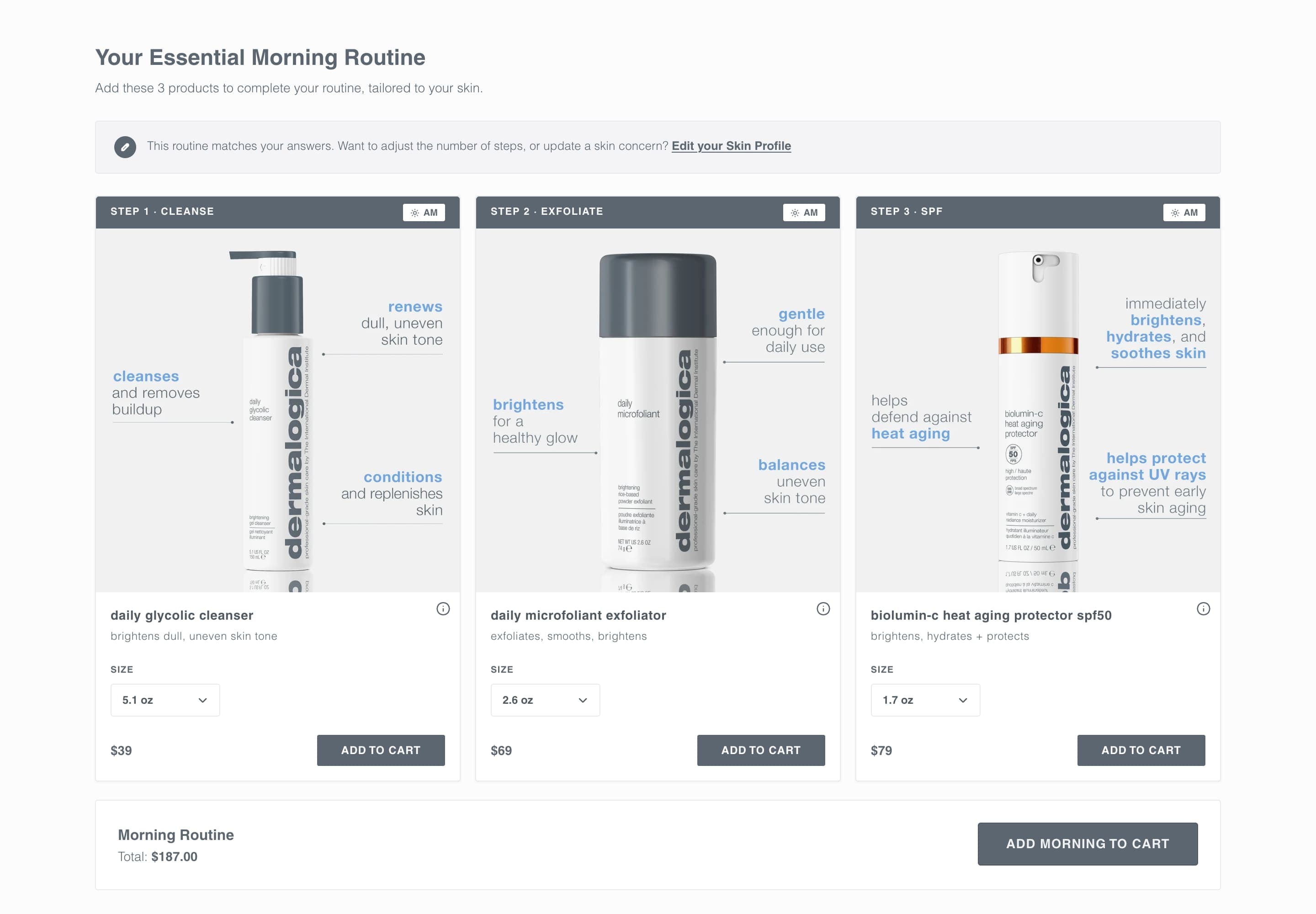 A morning routine of three numbered steps, cleanse, exfoliate and SPF, each with its product, then one button to add the whole morning