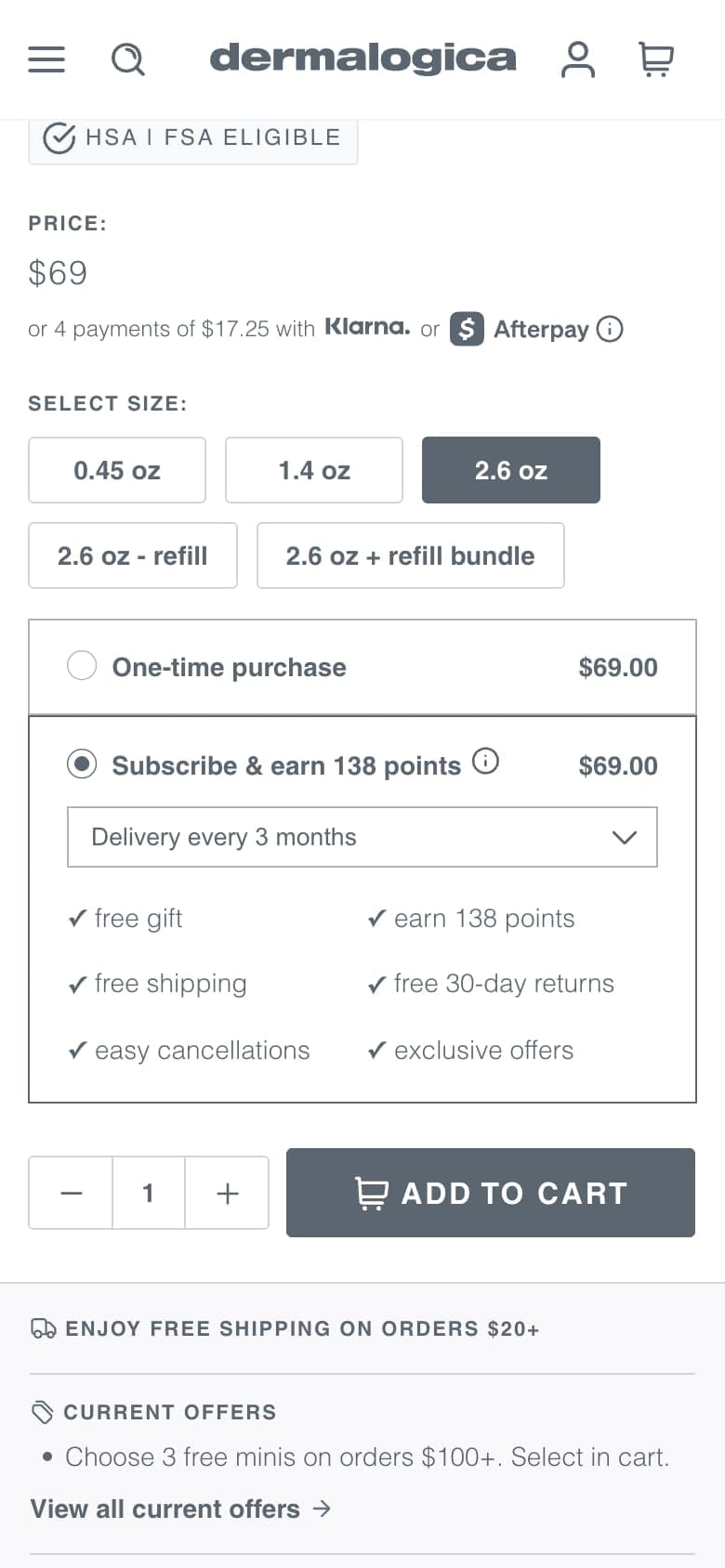 Daily Microfoliant on a phone: the price, five size options including refills, and a subscription with its perks listed above add to cart