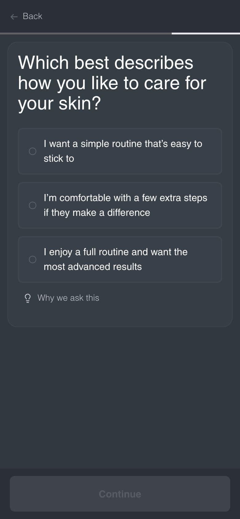 The quiz question about how much routine you want, with three answers from simple to full