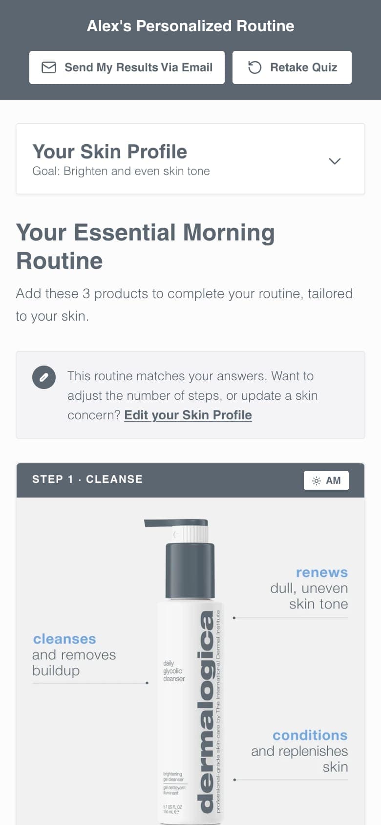 Routine Finder results on a phone, with the skin profile and step one of the morning routine
