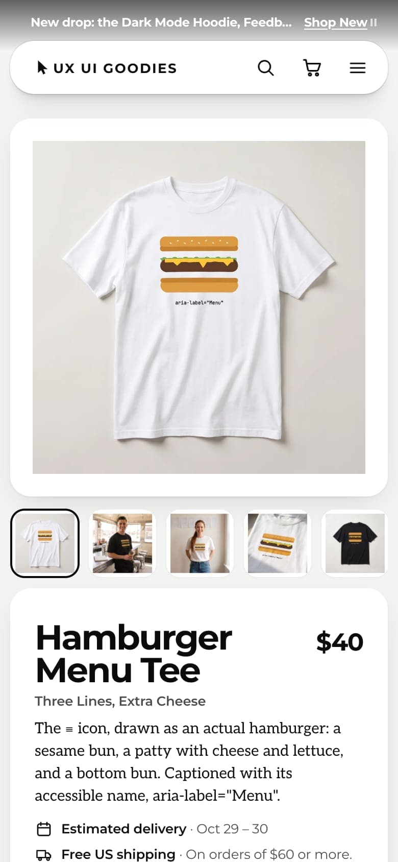 The Hamburger Menu Tee on a phone: the product photo, then its name, price and description