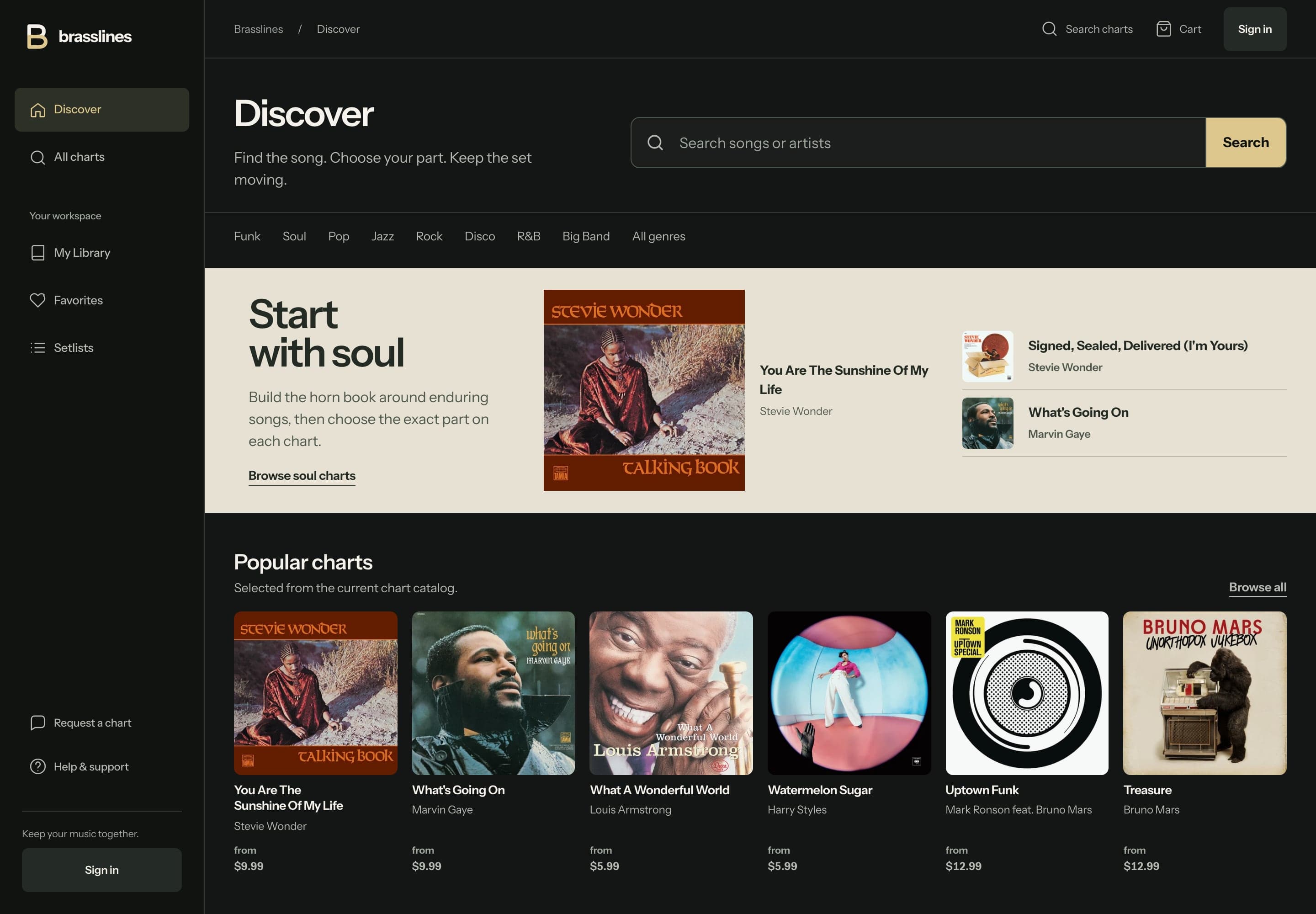Brasslines homepage with search, genre shortcuts, a featured soul chart, and popular charts