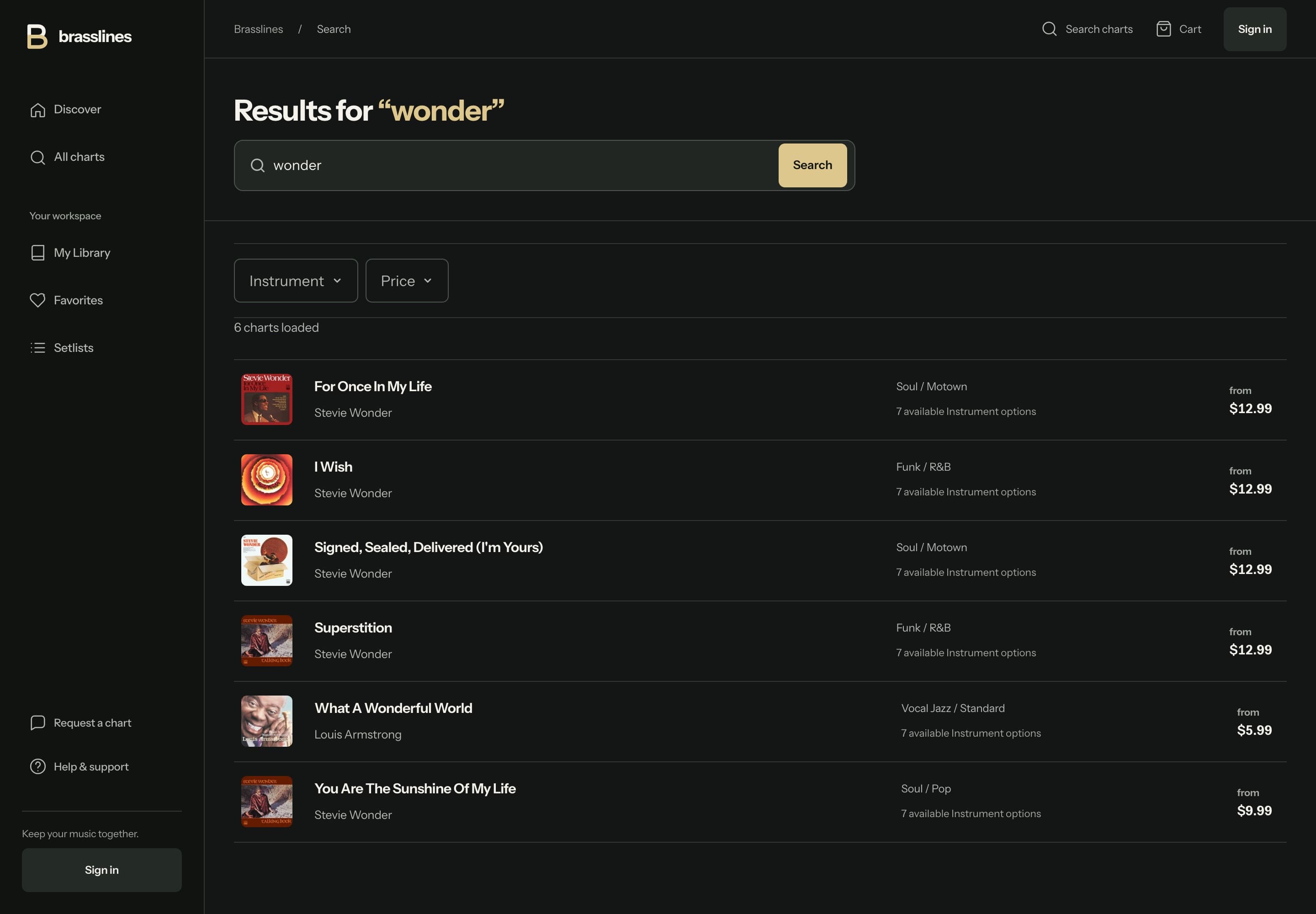 Brasslines search results with instrument and price filters
