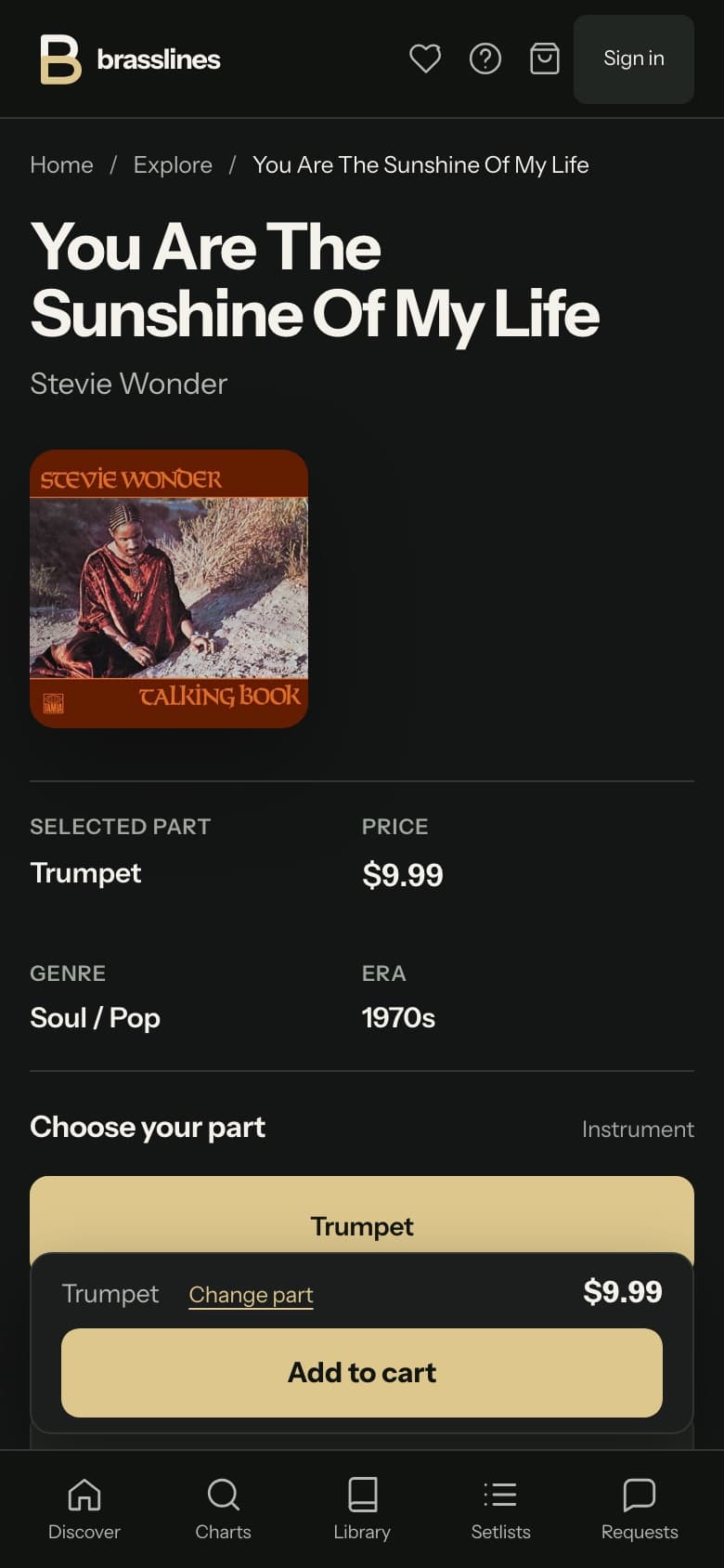 Brasslines chart page on a phone with a sticky add-to-cart bar