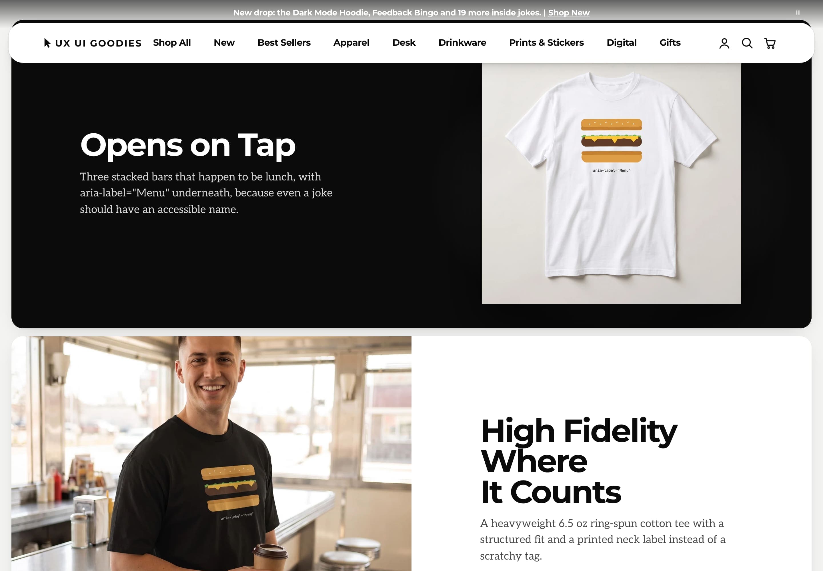 Further down the Hamburger Menu Tee page: Opens on Tap, which explains the joke, then a man wearing the black tee in a diner beside the line High Fidelity Where It Counts