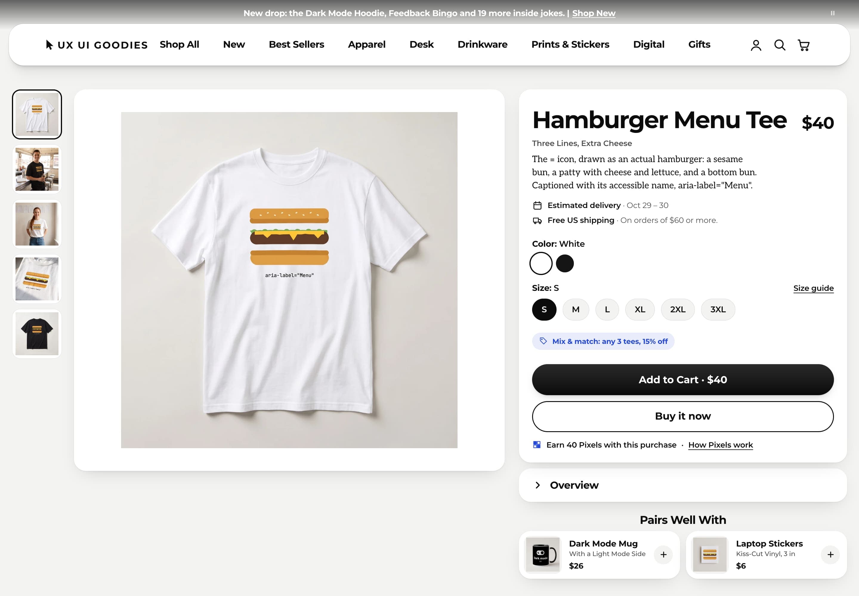 The Hamburger Menu Tee product page: a white tee printed with the three-line menu icon drawn as a hamburger, beside a buy panel with price, delivery estimate, color, size and add to cart