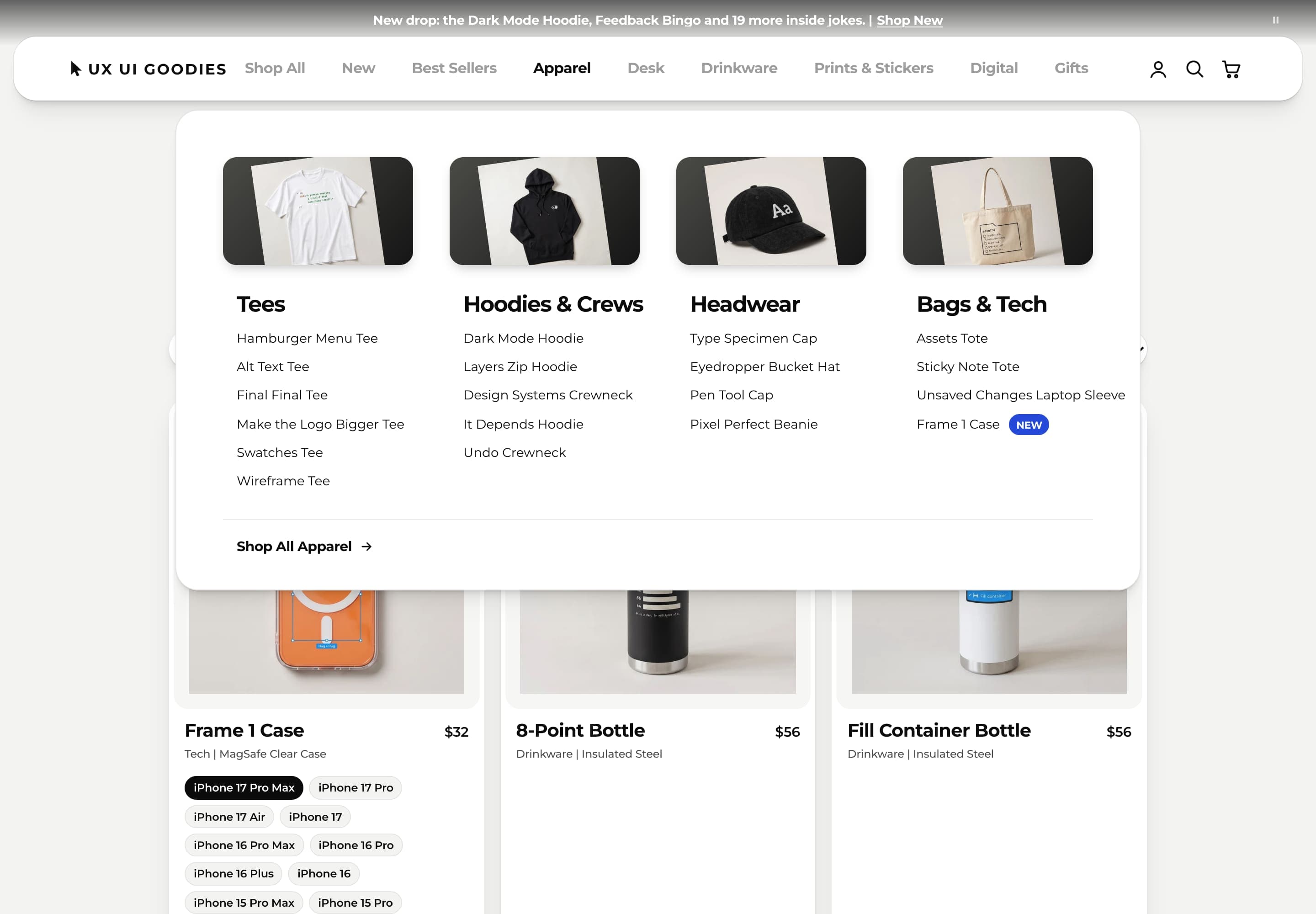 The Apparel menu open: tees, hoodies and crews, headwear, and bags and tech, each a column of products under a photo