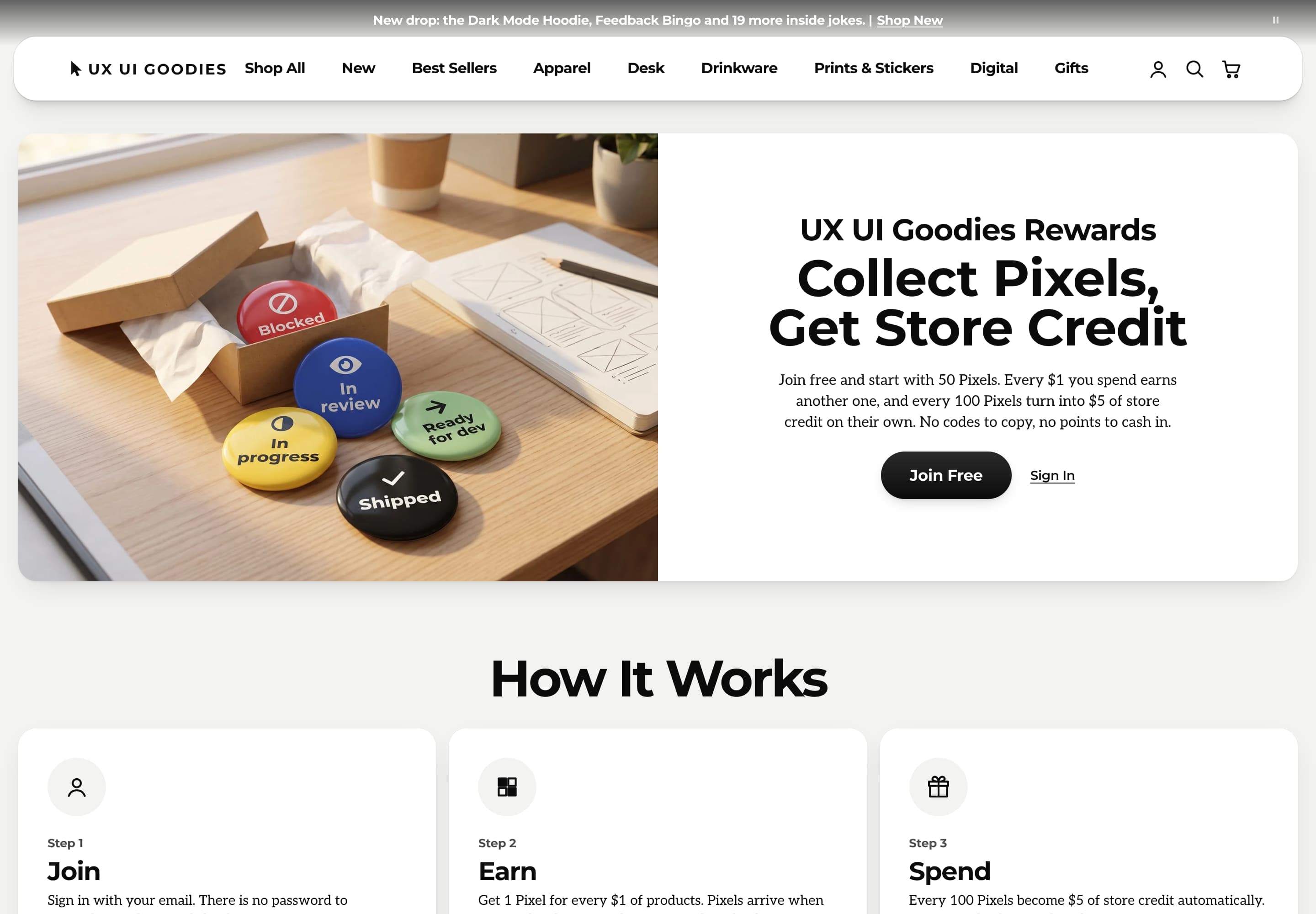 The rewards page: Collect Pixels, Get Store Credit, beside a box of status pin buttons