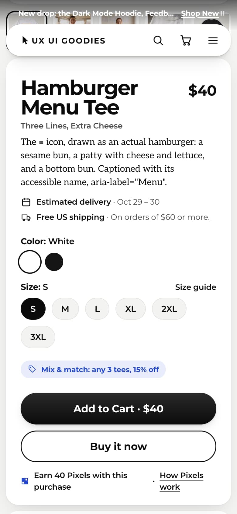 The Hamburger Menu Tee buy panel on a phone: price, description, delivery estimate, free shipping note, color, size and add to cart
